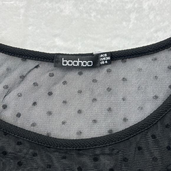 Boohoo Peekaboo mesh fit and flare little black cocktail party dress, size 4 - Picture 6 of 8